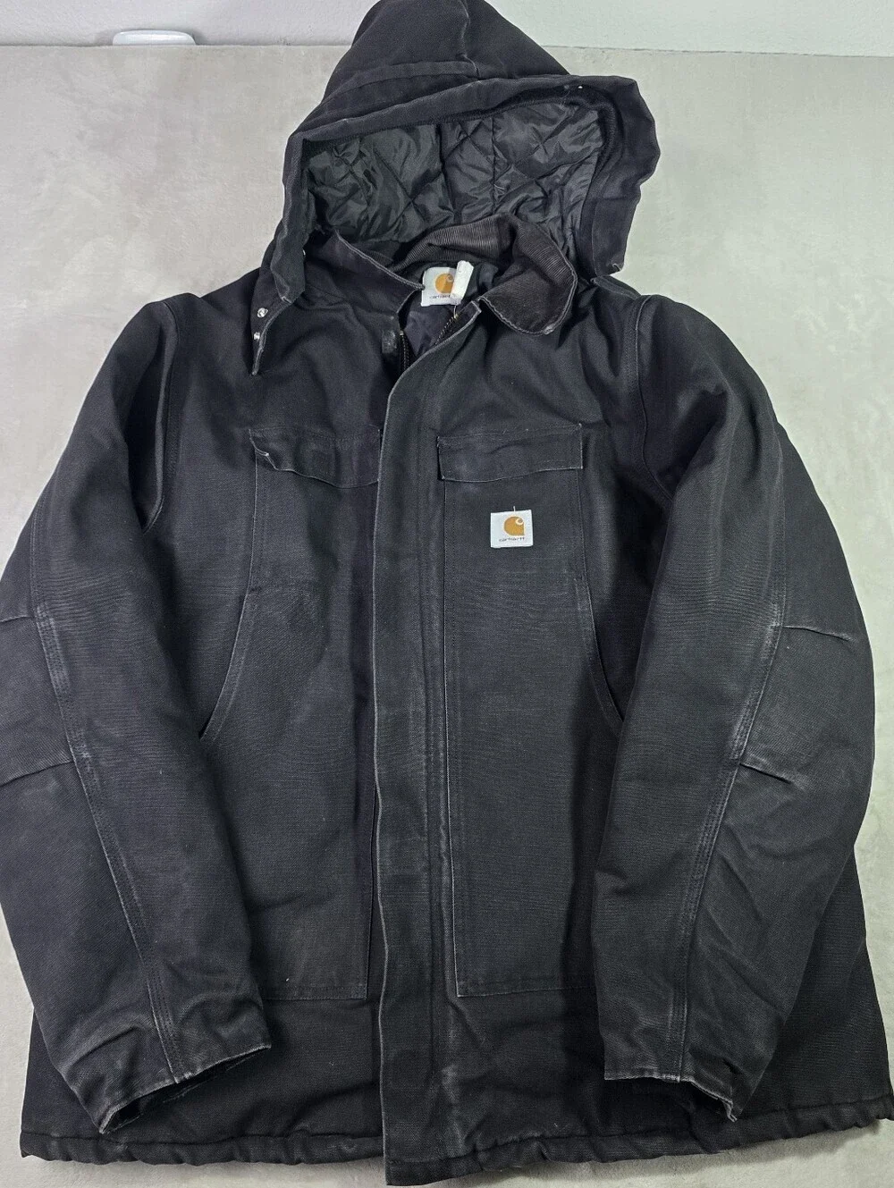 Vtg Carhartt Hooded Jacket Mens 54 Tall Black Arctic Canvas Chore Quilted C03